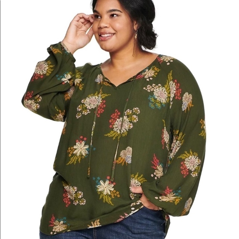Olive Green Floral Long-Sleeve Peasant Top Xl
